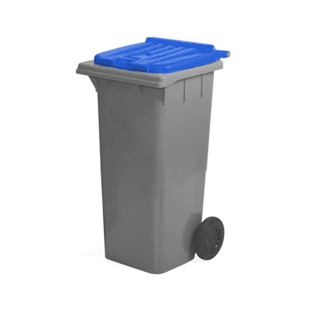 Contentor Plástico com Rodas 120 Litros - Fundo Preto e Tampa Azul: Organize e transporte seus resíduos facilmente!