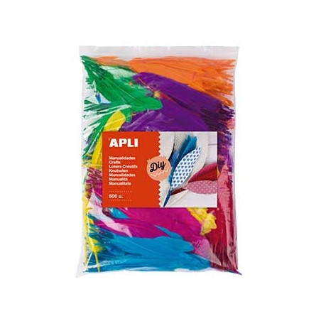 Penas coloridas da marca Apli para artesanato, com um conjunto de 500 unidades