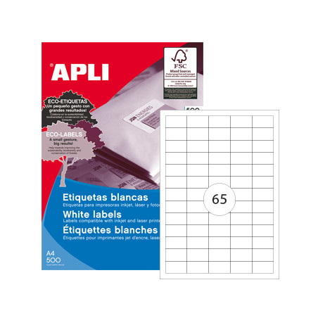 Etiquetas autocolantes Apli 01776 no formato 38x21,2mm - Pacote com 500 folhas A4 (totalizando 32500 unidades)
