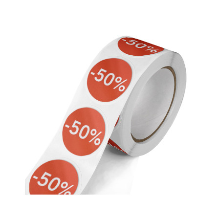 Etiquetas Promocionais Redondas Adesivas em Rolo - Desconto de 50% - Cor Vermelha - Pacote com 400 Unidades