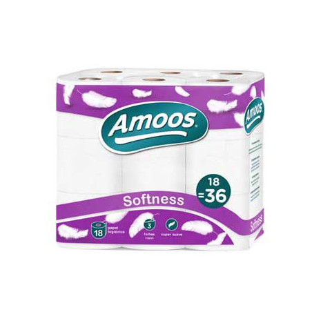 Papel Higiénico Doméstico de 3 Folhas Ultra Macio, com 30 Metros - Amoos Softness (Pacote com 18 Rolos)